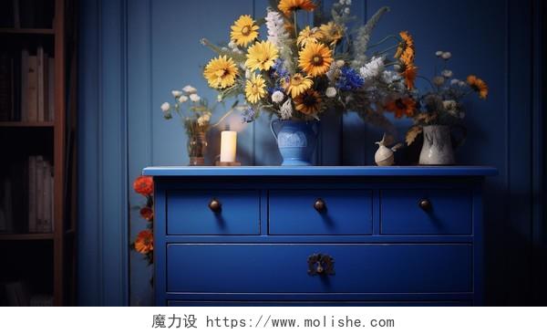 蓝色的抽屉柜上放了花瓶家居家装
